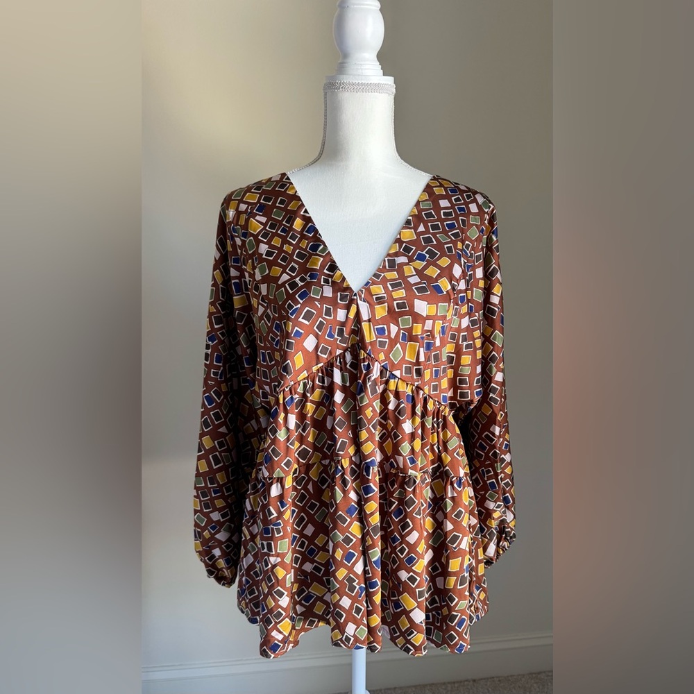🌸$5 ENTRO Brown Square City Tiered Tie Back Blouse Top Sz S